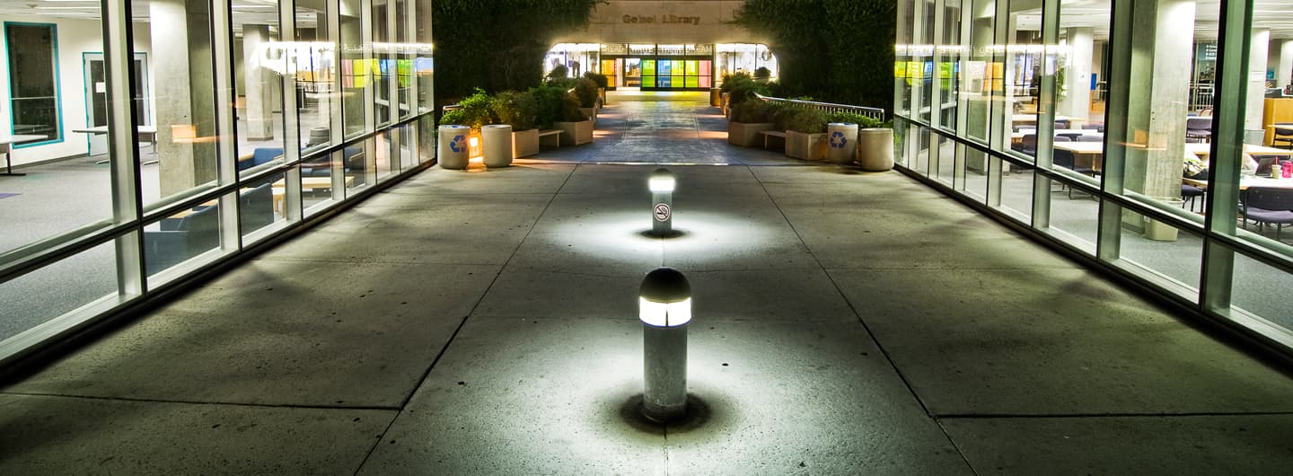 Entrance to Giesel library at night 